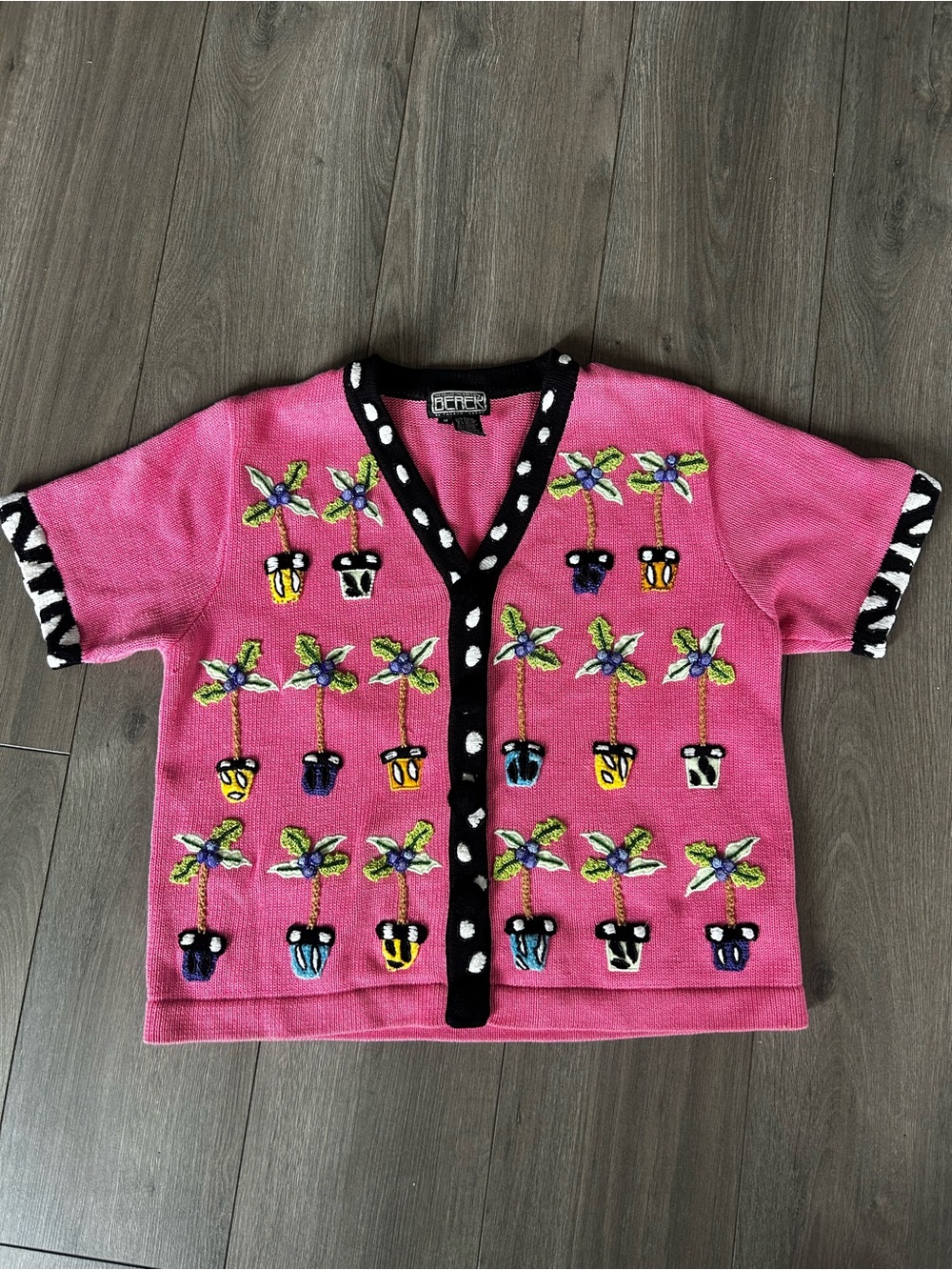 Vintage BEREK Pink Embroidered Potted Plant Cardigan M/L
